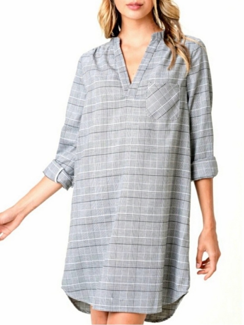Gray Plaid V Neck Tunic Shirt Dress